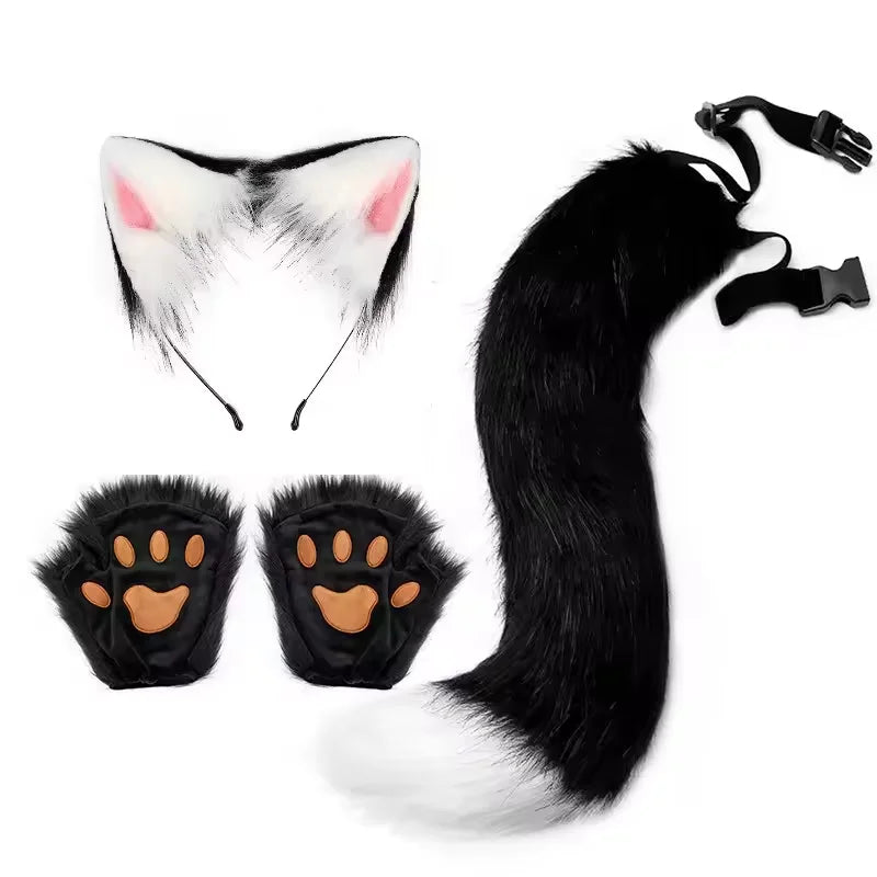 Fluffyanime Animal Fur Fox Tail Cat Paws Gloves and Ears Headwear Face Mask Cosplay Costume Set Halloween Party Accessorie