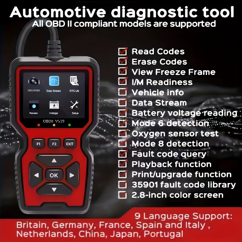 V519 Professional Obd2 Scanner - Usb-Powered Car Diagnostic Tool with Real-Time Data Stream, Full-Featured Obd Ii Testing (I/M Ready, Bod2/Eobd), Clears Engine Fault Lights, Reads/Erases Codes for Most Vehicles, Car Maintenance, Ergonomic Design, Durable Plastic Casing