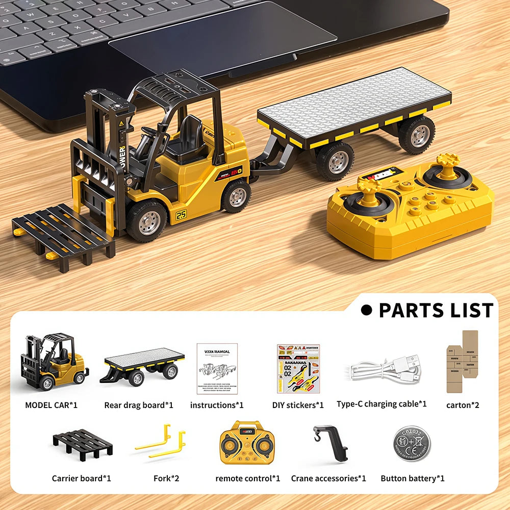 1:64 Bluetooth Remote Control Crane and Forklift Two-In-One Desktop Mini Alloy Toy Car with Trailer Christmas Gift in Color Box