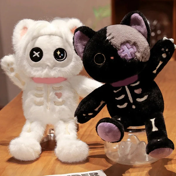 35Cm Kawaii Black Serie Skeleton Cat Soft Plush Toy Creative Stuffed Animal Fluffly Gothic Skull Kitten for Kids Halloween Gifts