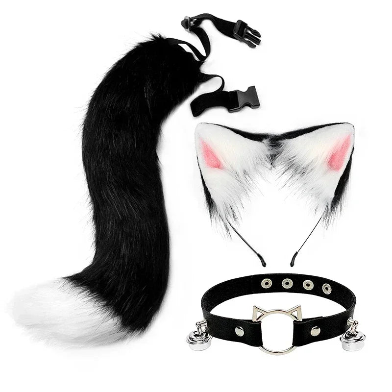 Fluffyanime Animal Fur Fox Tail Cat Paws Gloves and Ears Headwear Face Mask Cosplay Costume Set Halloween Party Accessorie