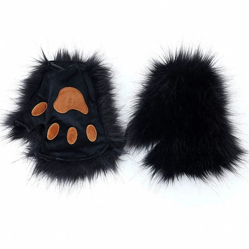 Fluffyanime Animal Fur Fox Tail Cat Paws Gloves and Ears Headwear Face Mask Cosplay Costume Set Halloween Party Accessorie