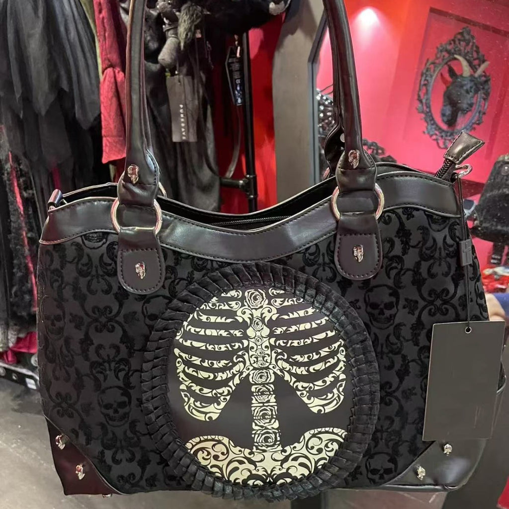 Gothic Punk Lolita Velvet Handbag with Vintage Lace