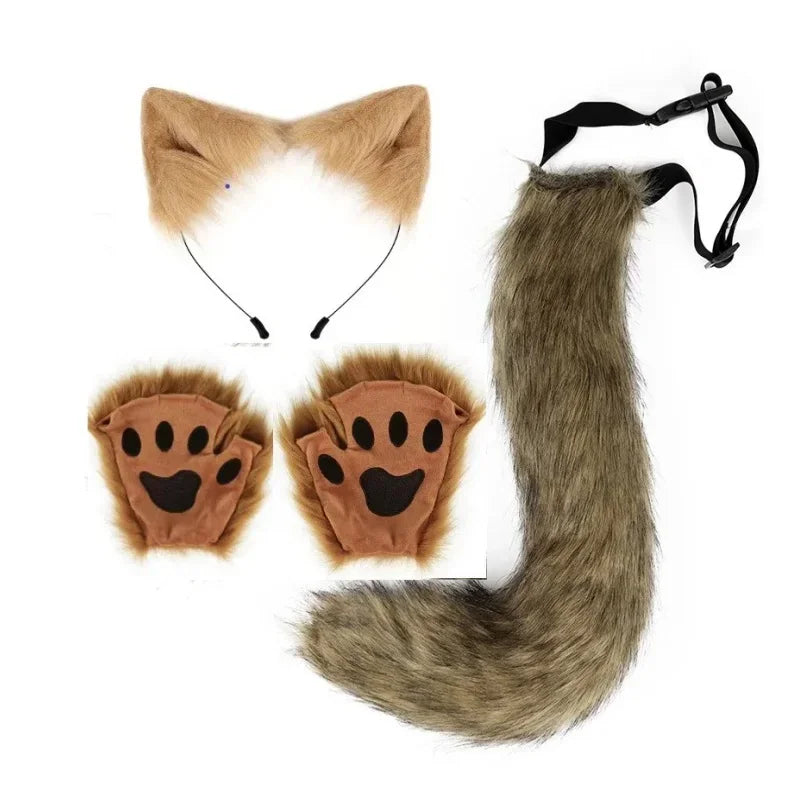 Fluffyanime Animal Fur Fox Tail Cat Paws Gloves and Ears Headwear Face Mask Cosplay Costume Set Halloween Party Accessorie