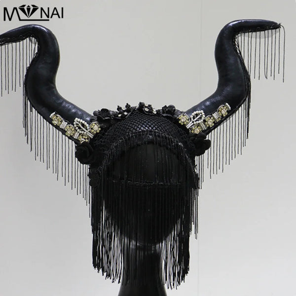 Halloween Ox Horns Headband Cosplay Prop Adult Fashion Show Beads Sequins Decor Devil Headdress Carnival Party