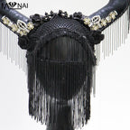 Halloween Ox Horns Headband Cosplay Prop Adult Fashion Show Beads Sequins Decor Devil Headdress Carnival Party
