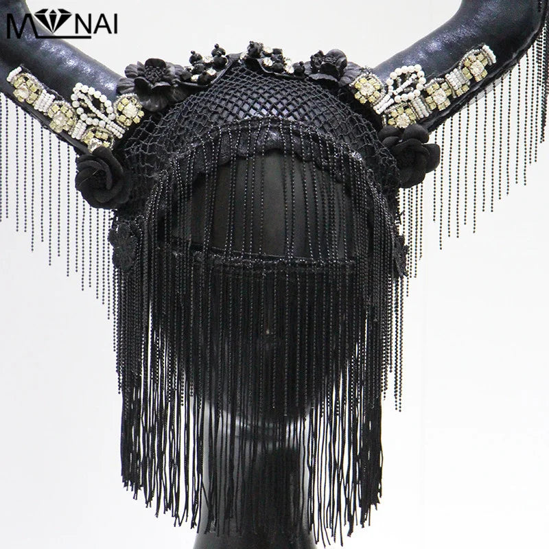 Halloween Ox Horns Headband Cosplay Prop Adult Fashion Show Beads Sequins Decor Devil Headdress Carnival Party
