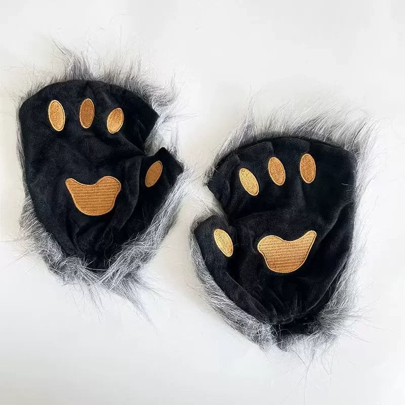 Fluffyanime Animal Fur Fox Tail Cat Paws Gloves and Ears Headwear Face Mask Cosplay Costume Set Halloween Party Accessorie
