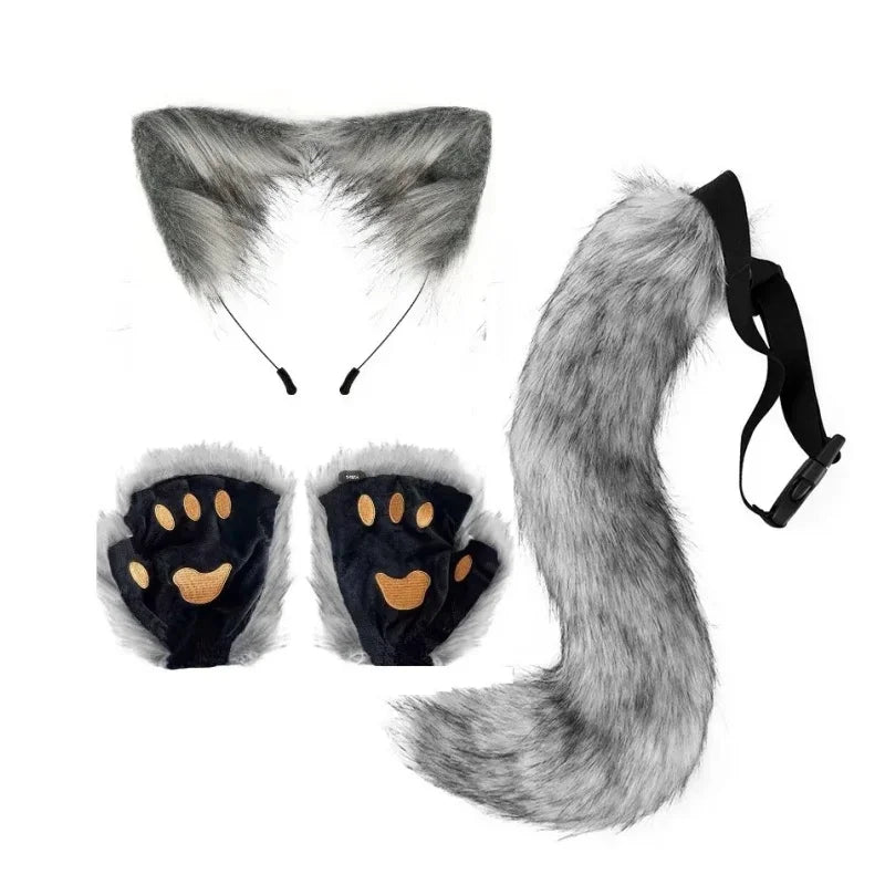 Fluffyanime Animal Fur Fox Tail Cat Paws Gloves and Ears Headwear Face Mask Cosplay Costume Set Halloween Party Accessorie