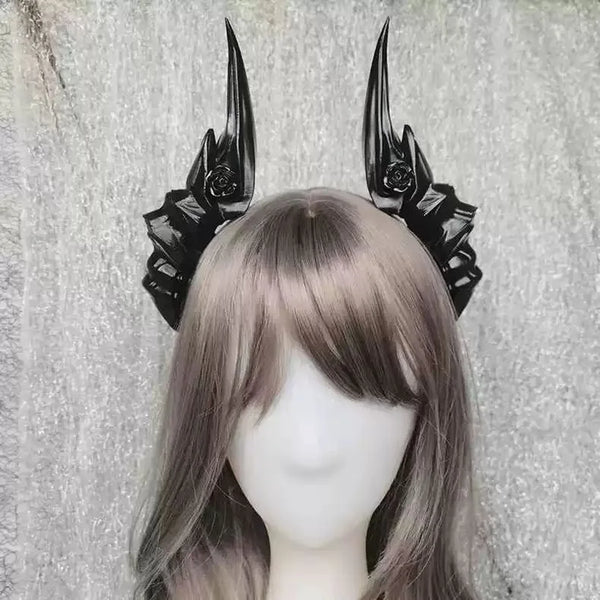 14/19Cm Rose Devil Horns Hair Clips Black/White Mori Girl Hair Clips Lolita Cosplay Dress up Hair Accessories