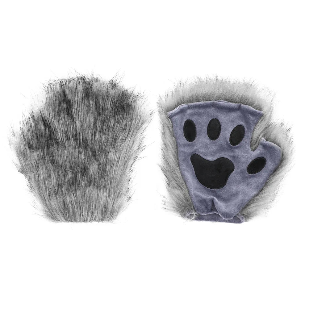 Fluffyanime Animal Fur Fox Tail Cat Paws Gloves and Ears Headwear Face Mask Cosplay Costume Set Halloween Party Accessorie
