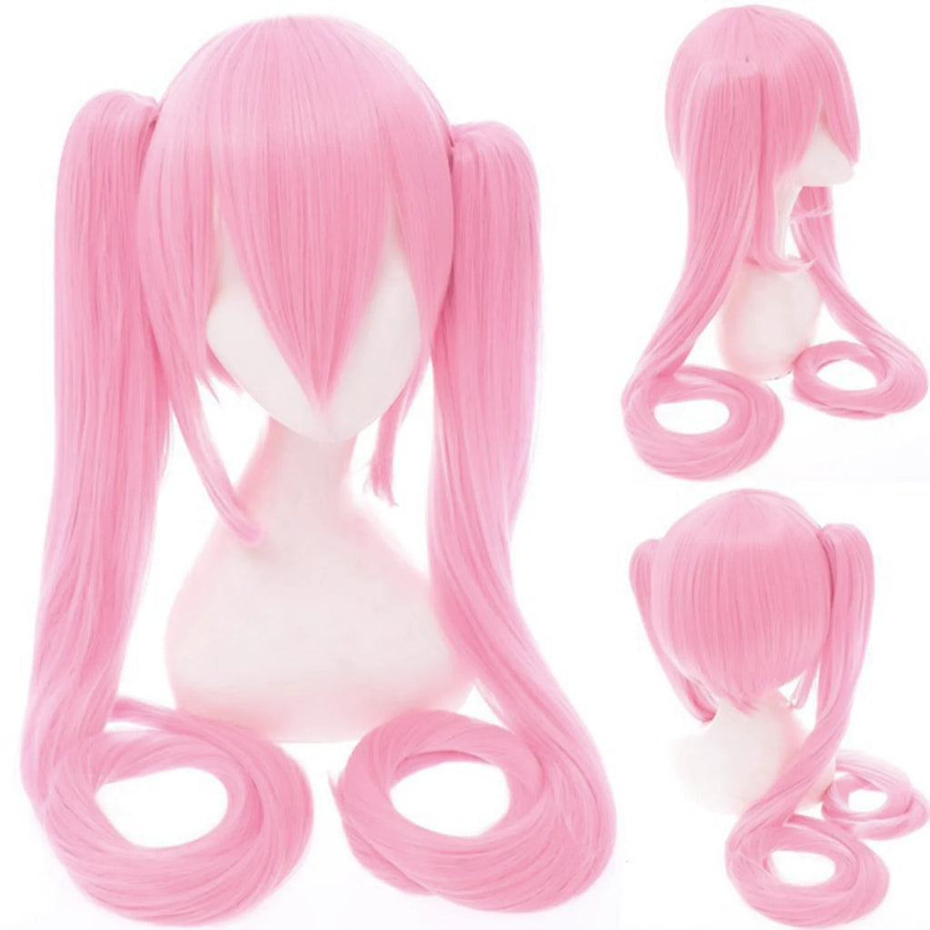 110Cm Cosplay Wig Aqua Pink Anime Long Synthetic Hair Clips 2 Ponytails Lolita Wig for Halloween