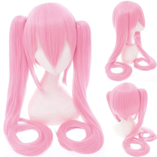 110Cm Cosplay Wig Aqua Pink Anime Long Synthetic Hair Clips 2 Ponytails Lolita Wig for Halloween