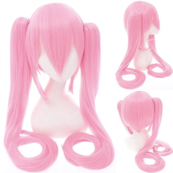 110Cm Cosplay Wig Aqua Pink Anime Long Synthetic Hair Clips 2 Ponytails Lolita Wig for Halloween
