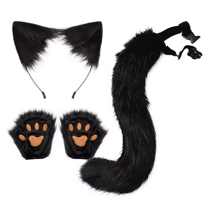 Fluffyanime Animal Fur Fox Tail Cat Paws Gloves and Ears Headwear Face Mask Cosplay Costume Set Halloween Party Accessorie