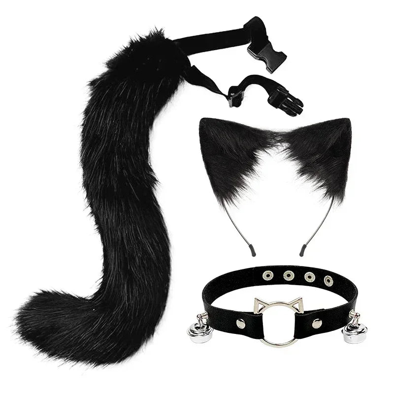Fluffyanime Animal Fur Fox Tail Cat Paws Gloves and Ears Headwear Face Mask Cosplay Costume Set Halloween Party Accessorie