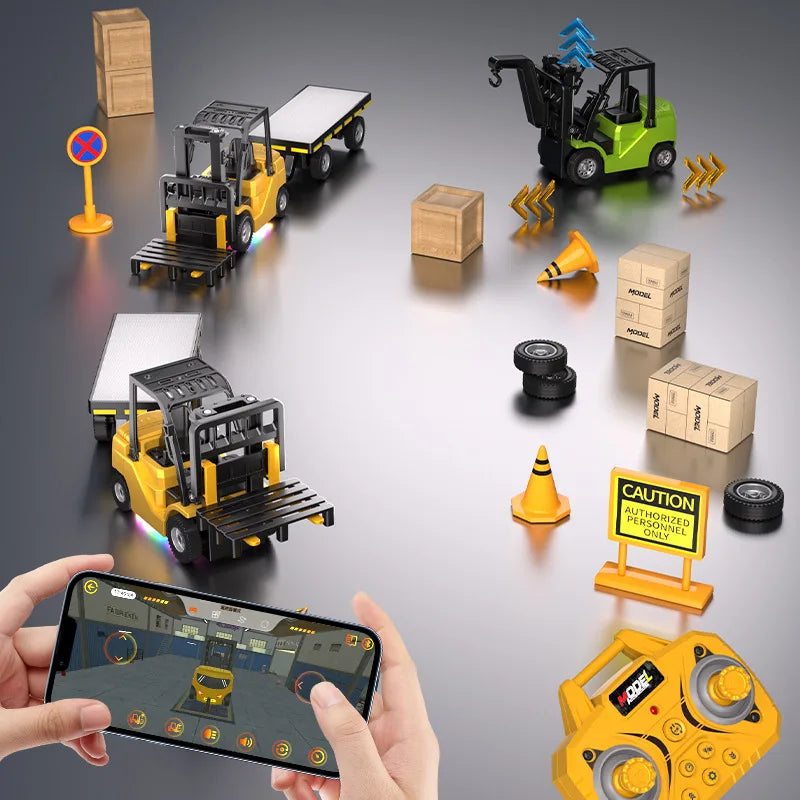 1:64 Bluetooth Remote Control Crane and Forklift Two-In-One Desktop Mini Alloy Toy Car with Trailer Christmas Gift in Color Box