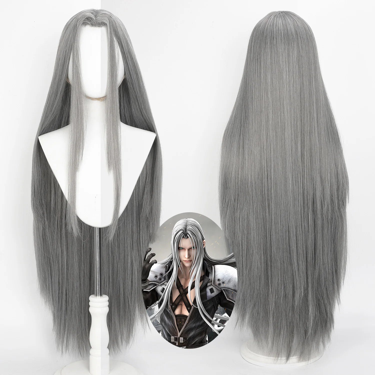 Cosplay Wig Final Fantasy Anime Wig Sephiroth Gray FF7 Anime Game Role-Play Wig Male Anime Synthetic Wig Widow'S Peak Bangs