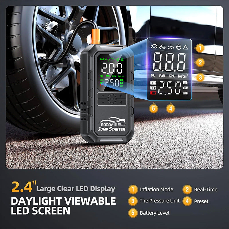 Portable 8000A Car Jump Starter with Digital Tyre Inflator & Power Bank