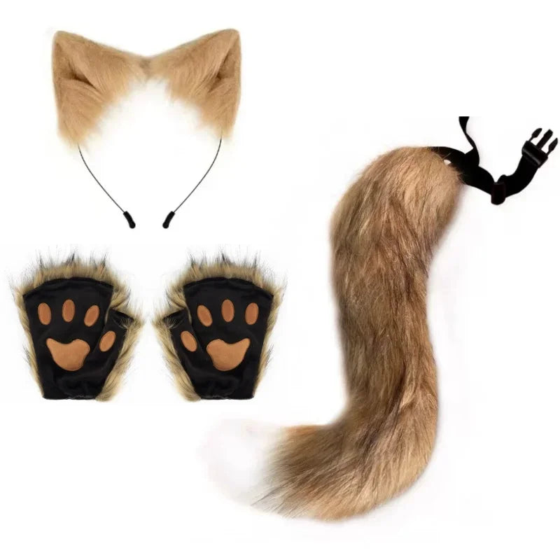 Fluffyanime Animal Fur Fox Tail Cat Paws Gloves and Ears Headwear Face Mask Cosplay Costume Set Halloween Party Accessorie