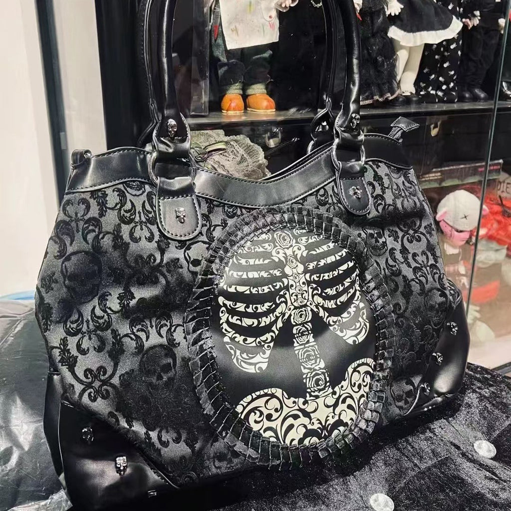 Gothic Punk Lolita Velvet Handbag with Vintage Lace