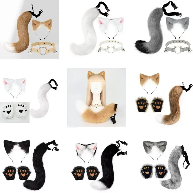 Fluffyanime Animal Fur Fox Tail Cat Paws Gloves and Ears Headwear Face Mask Cosplay Costume Set Halloween Party Accessorie