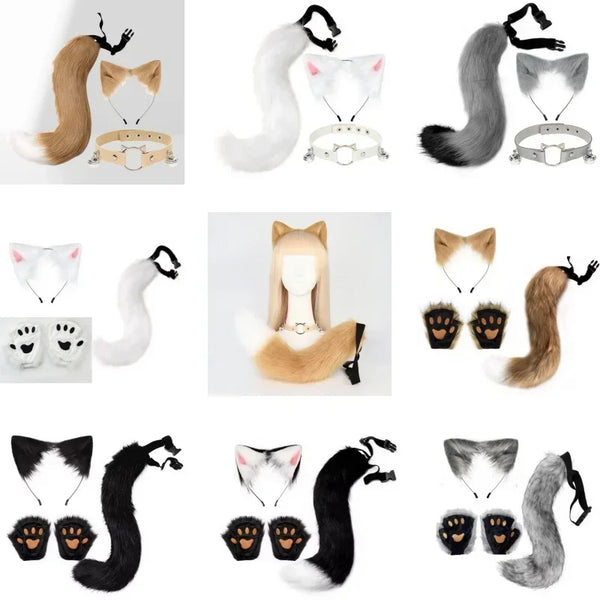 Fluffyanime Animal Fur Fox Tail Cat Paws Gloves and Ears Headwear Face Mask Cosplay Costume Set Halloween Party Accessorie