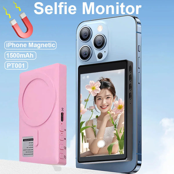 New Magnetic Selfie Monitor for Iphone Smart Vlog Selfie Screen Monitor with Remote Control 1500Mah Power Bank Pink/White/Black