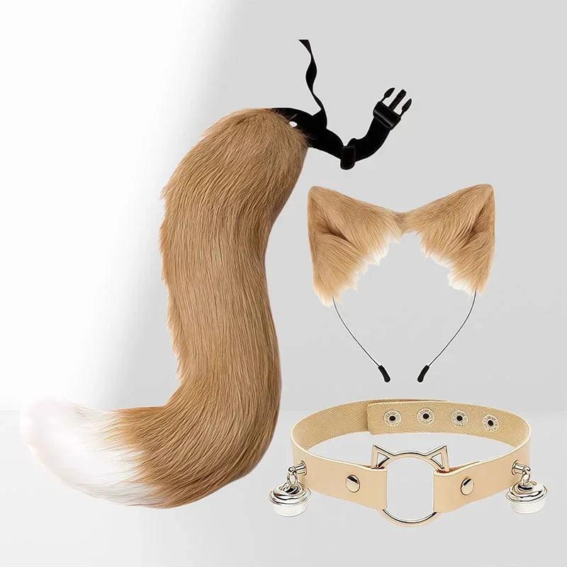 Fluffyanime Animal Fur Fox Tail Cat Paws Gloves and Ears Headwear Face Mask Cosplay Costume Set Halloween Party Accessorie