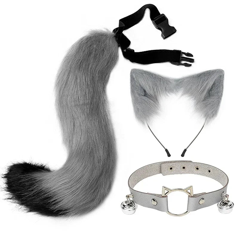 Fluffyanime Animal Fur Fox Tail Cat Paws Gloves and Ears Headwear Face Mask Cosplay Costume Set Halloween Party Accessorie