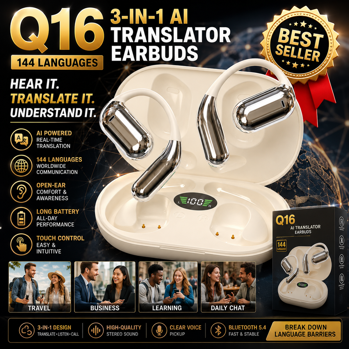 TOP SELLER - Q16 3-in-1 AI Translator Earbuds – 144 Languages