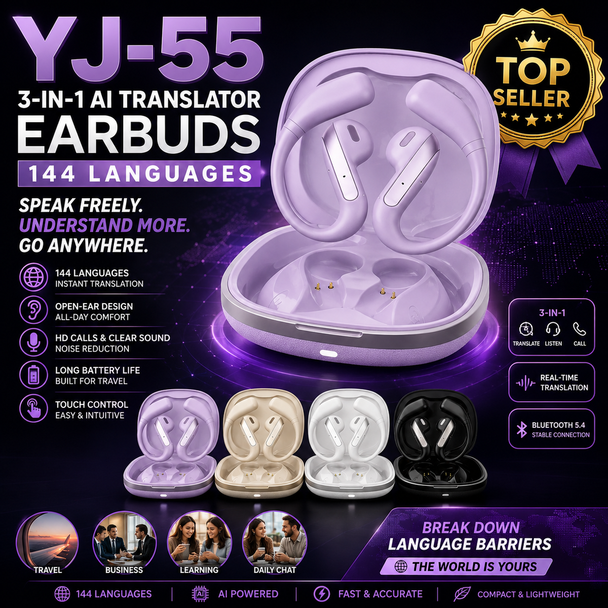 YJ-55 3-in-1 AI Translator Earbuds – 144 Languages