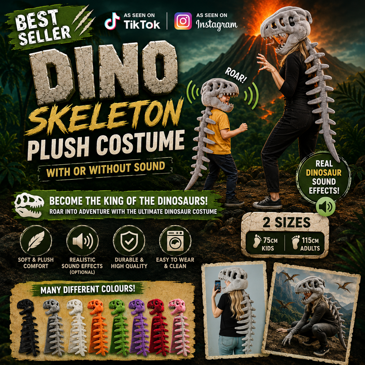 Dino Skeleton Plush Costume – With or Without Sound