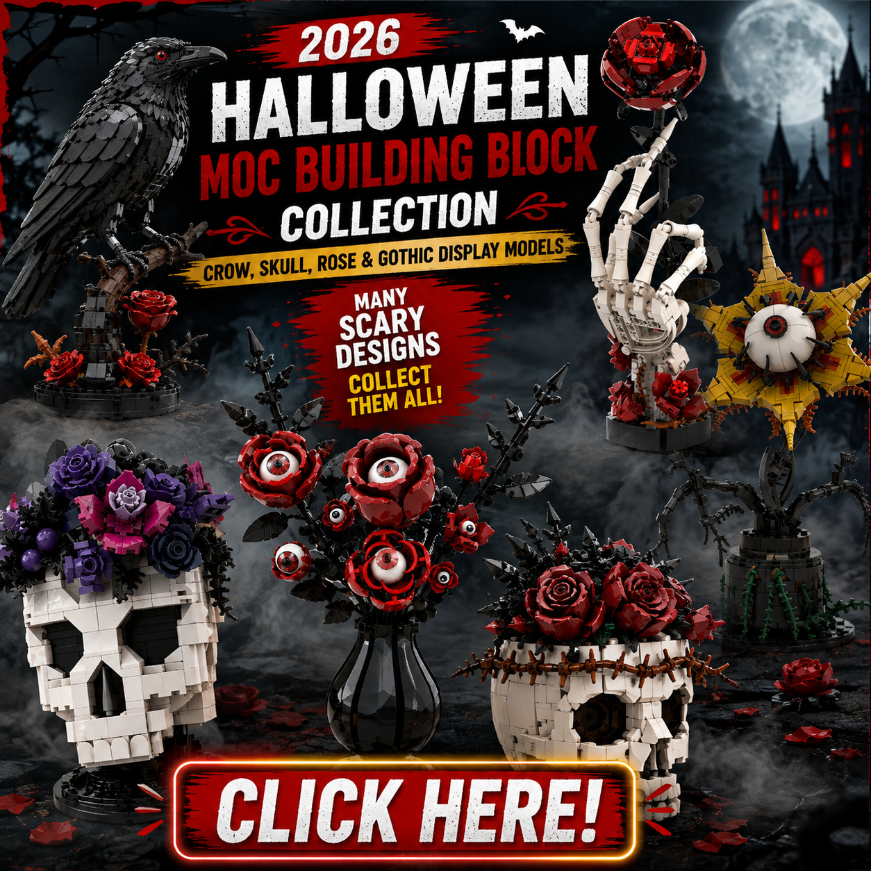 2026 Halloween MOC Building Block Collection – Crow, Skull, Rose &amp; Gothic Display Models