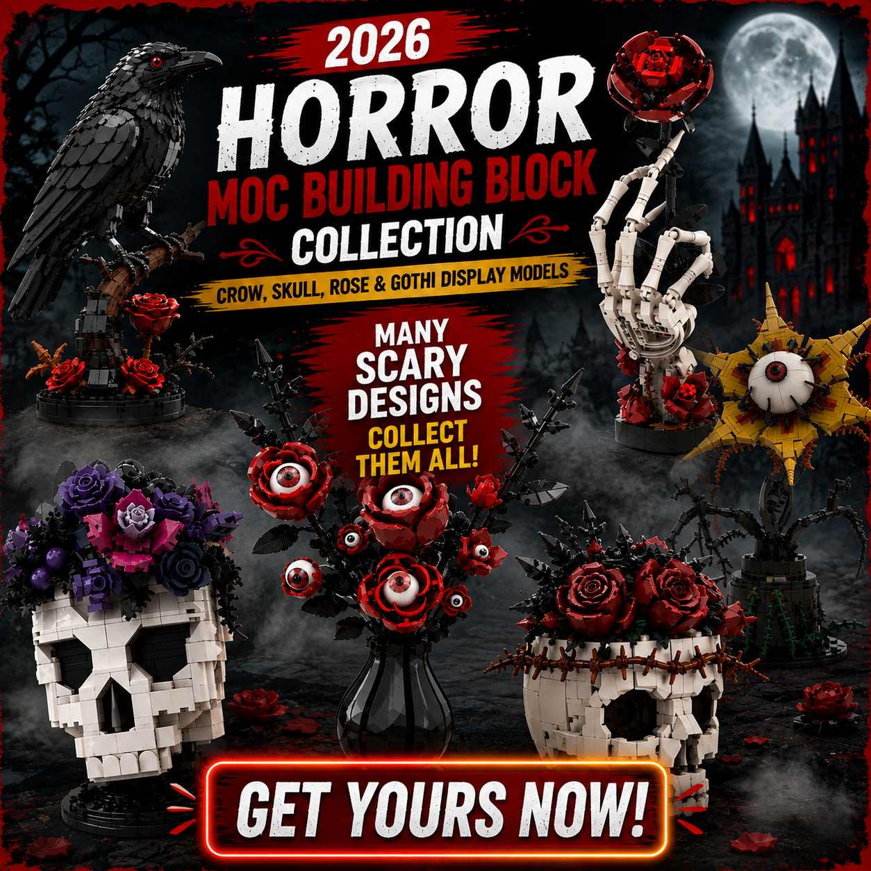 2026 Halloween MOC Building Block Collection – Crow, Skull, Rose &amp; Gothic Display Models