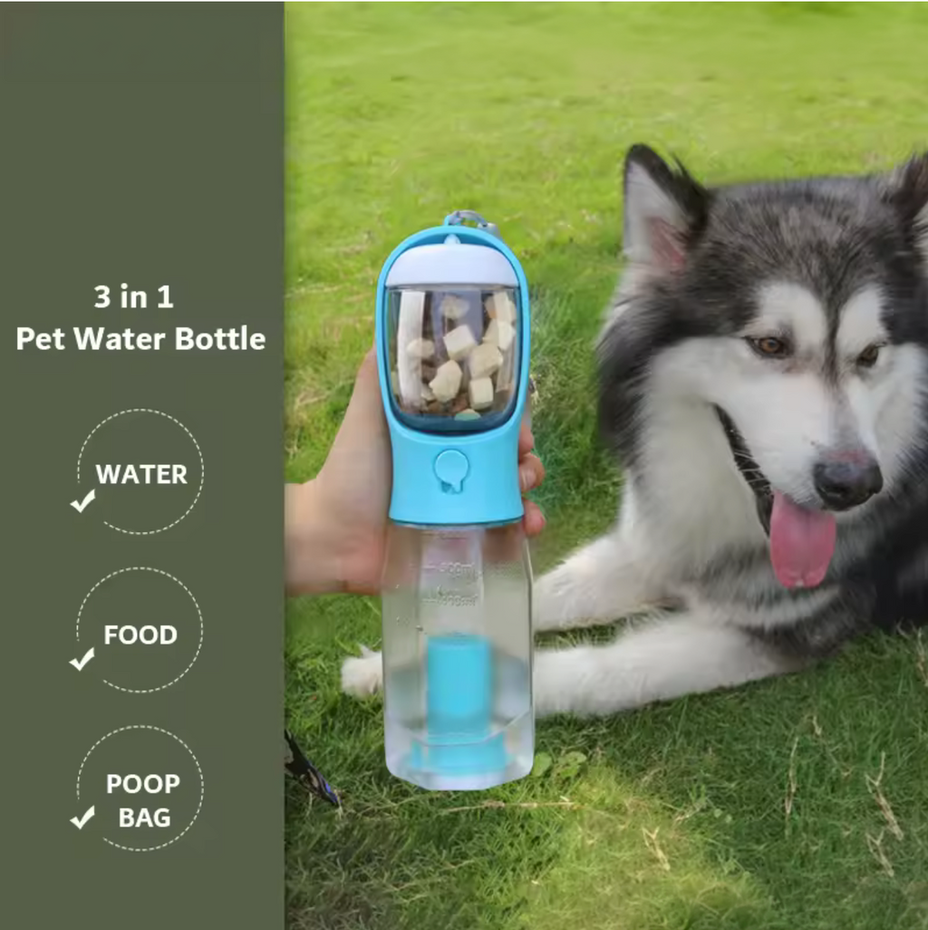 Portable Dog Water Bottle with Poop Bag Dispenser – 600ml