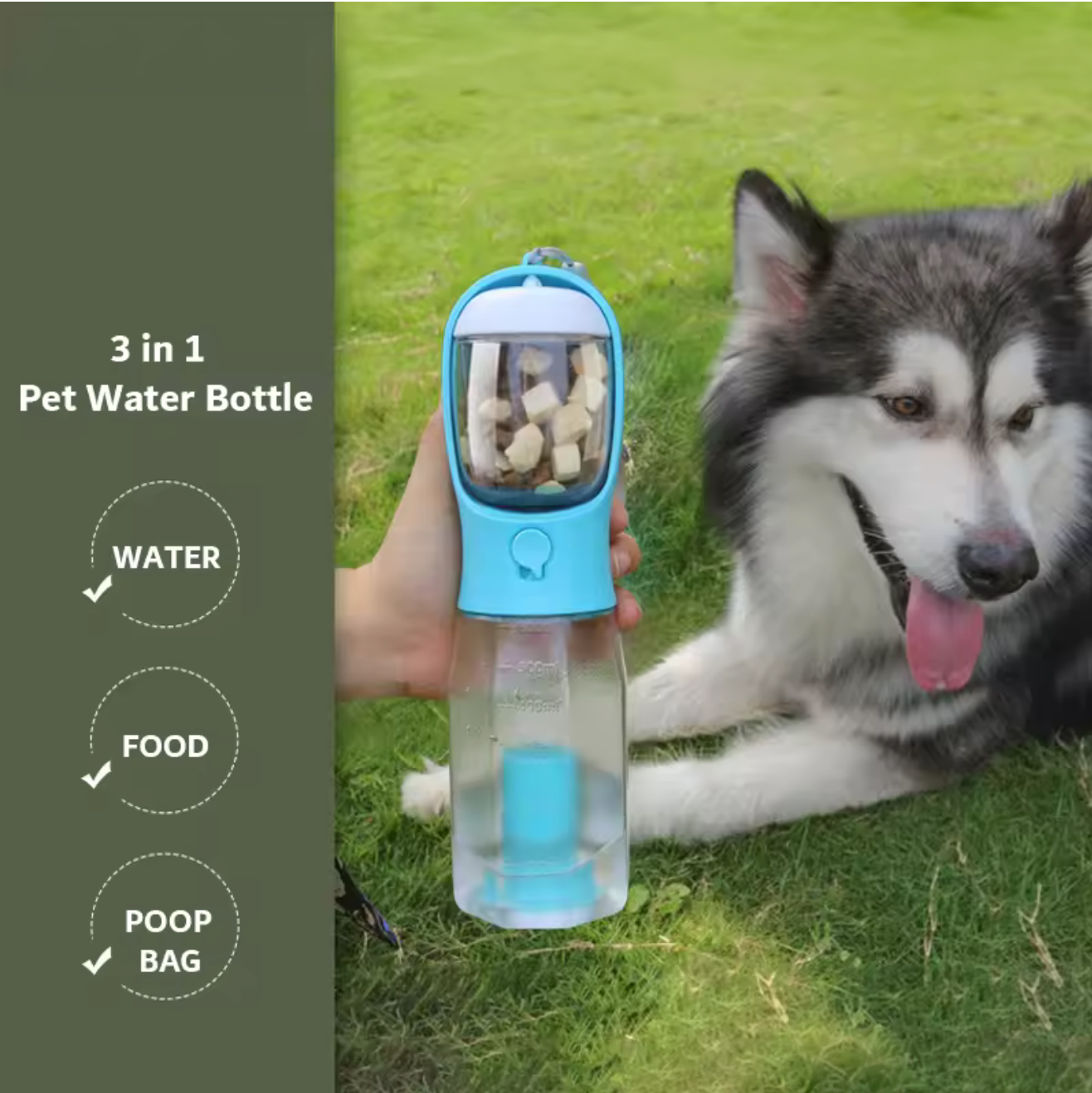 Portable Dog Water Bottle with Poop Bag Dispenser – 600ml
