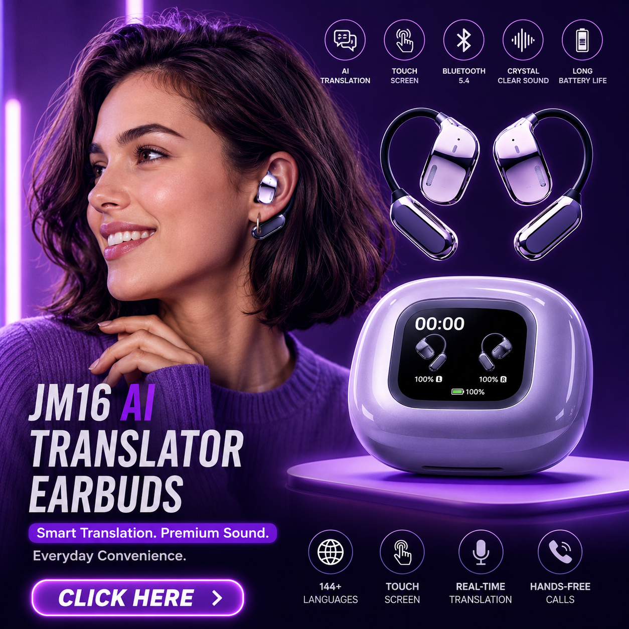 Bluetooth Headset with Touch Screen Translation and Noise Cancellation