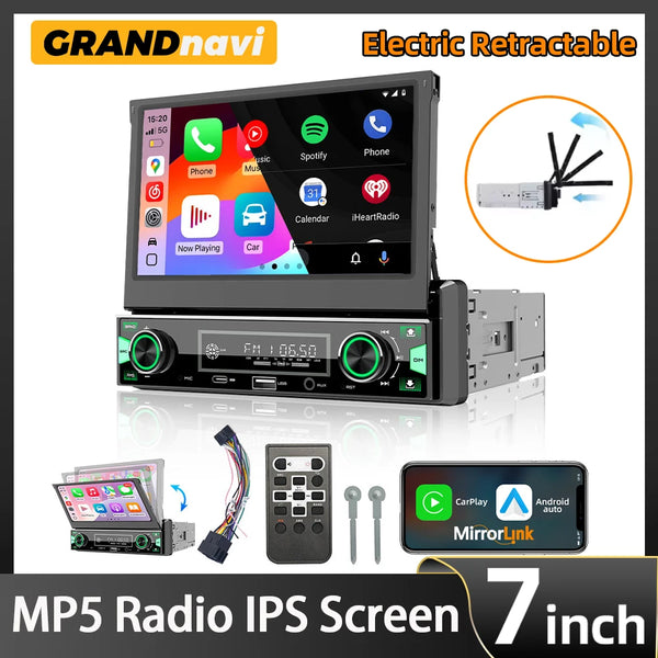 7" Retractable Wireless Android Auto Car Stereo – 1DIN MP5 Player