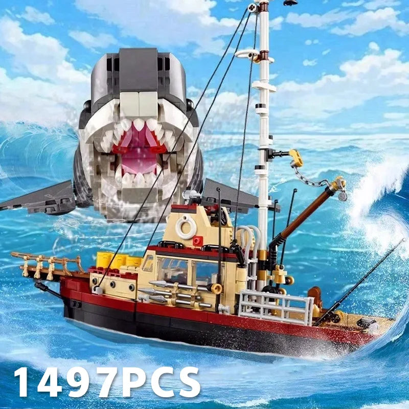 1,497PCS  JAWS - Inspired Shark & Fishing Boat Diorama – MOC 21350