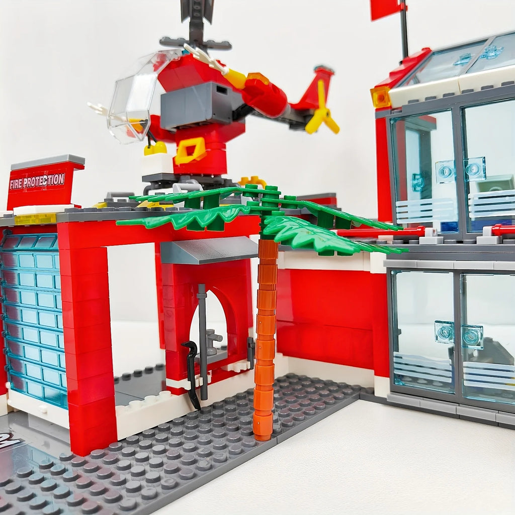 City Fire Station Building Block Set with Fire Truck &amp; Rescue Helicopter