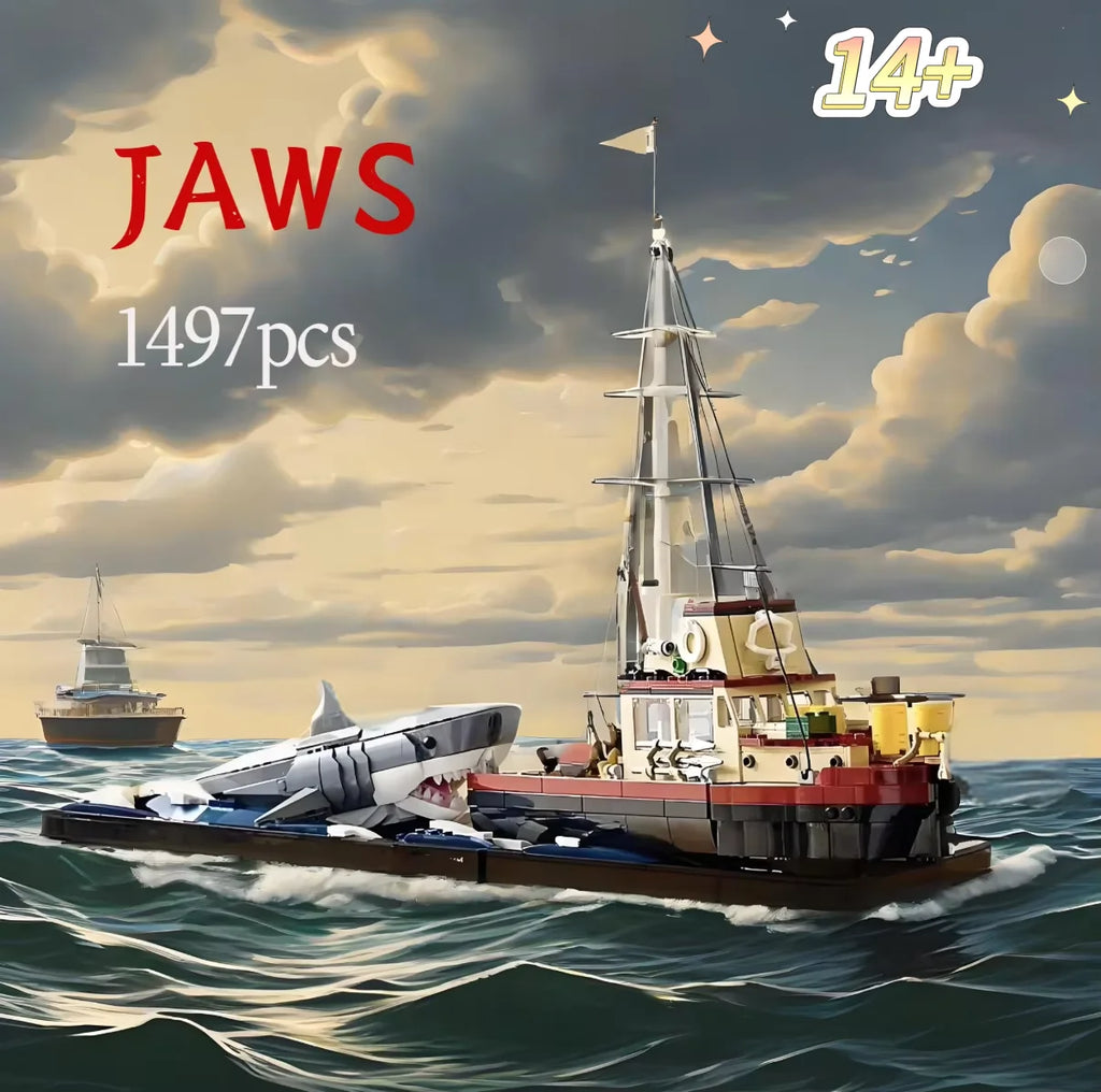 1,497PCS  JAWS - Inspired Shark & Fishing Boat Diorama – MOC 21350