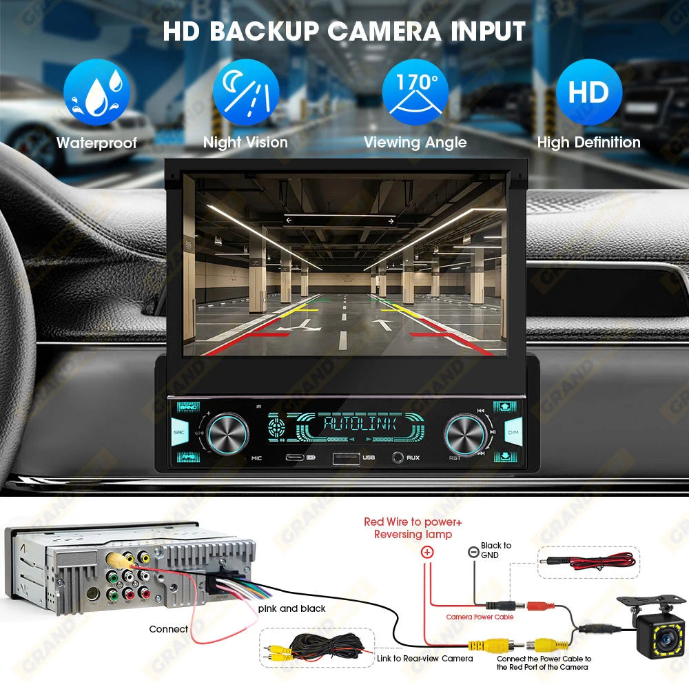 7" Retractable Wireless Android Auto Car Stereo – 1DIN MP5 Player