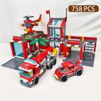 City Fire Station Building Block Set with Fire Truck &amp; Rescue Helicopter