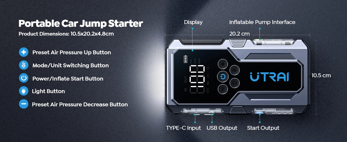 UTRAI JS-9 4-in-1 1500A Jump Starter with 150PSI Air Compressor & Power Bank