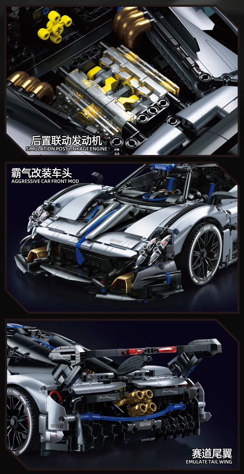 TOYLINX 1:8 Scale Silver-Blue Technic Racing Car Building Block Set – 3,526 Pieces
