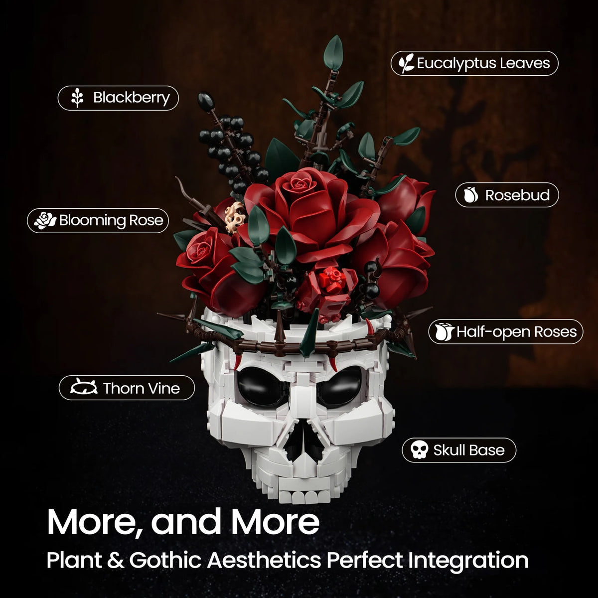1101 pcs - Skull & Roses Gothic Building Set