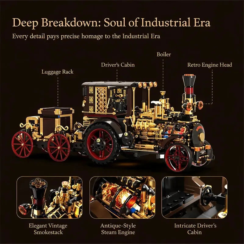 Vintage Mechanical Steam Car Building Block Set – 1,331 Pieces