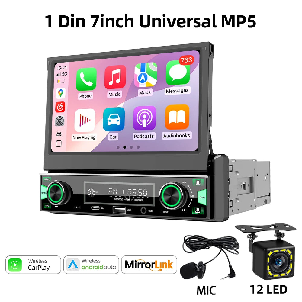 7" Retractable Wireless Android Auto Car Stereo – 1DIN MP5 Player