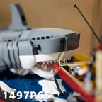 1,497PCS  JAWS - Inspired Shark & Fishing Boat Diorama – MOC 21350